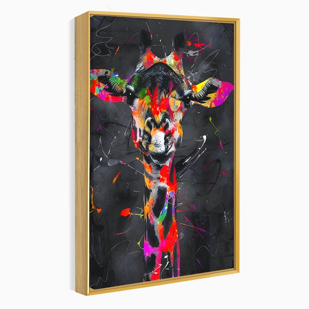 Tablou canvas cu tablou canvas cu girafa multicolor, in rama de aluminiu auriu
